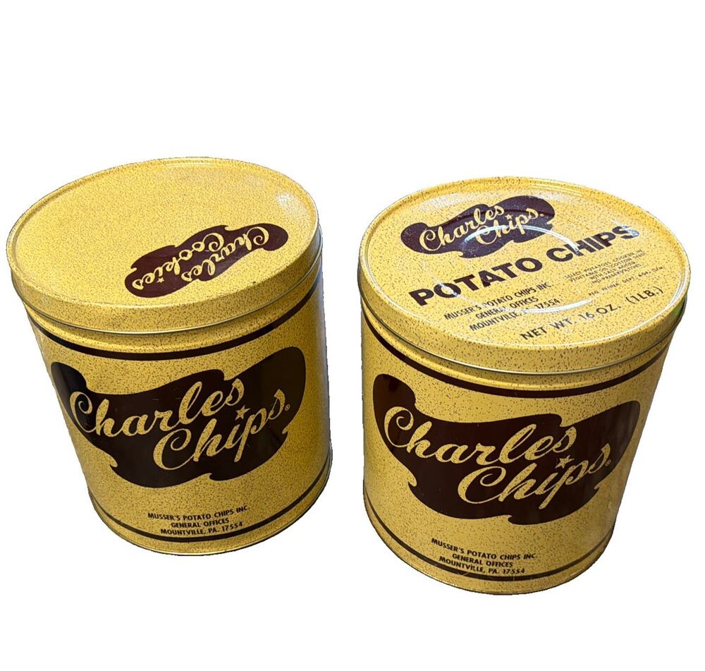 Vintage 2x Large Charles Chips Potato Chip Tin Can 16oz 1 Lb Musser’s Mountville
